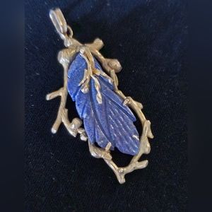 Brutalist Sterling Gold Plated Carved Sodalite Leaf and Twig Pendant Nature Boho